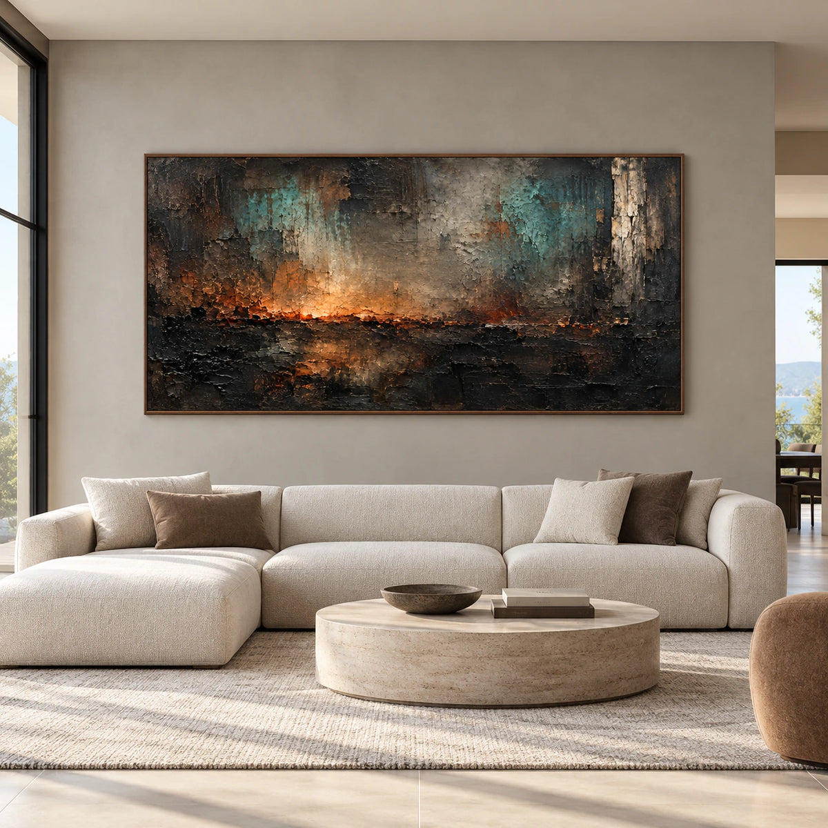 Large Cinder-Meridian painting displayed straight-on in a spacious contemporary room.