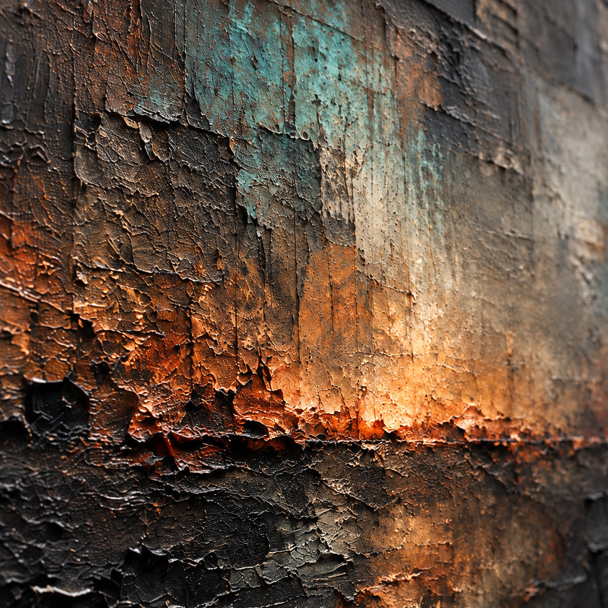 Cinder-Meridian oil painting brushwork and impasto detail photographed from an oblique side angle