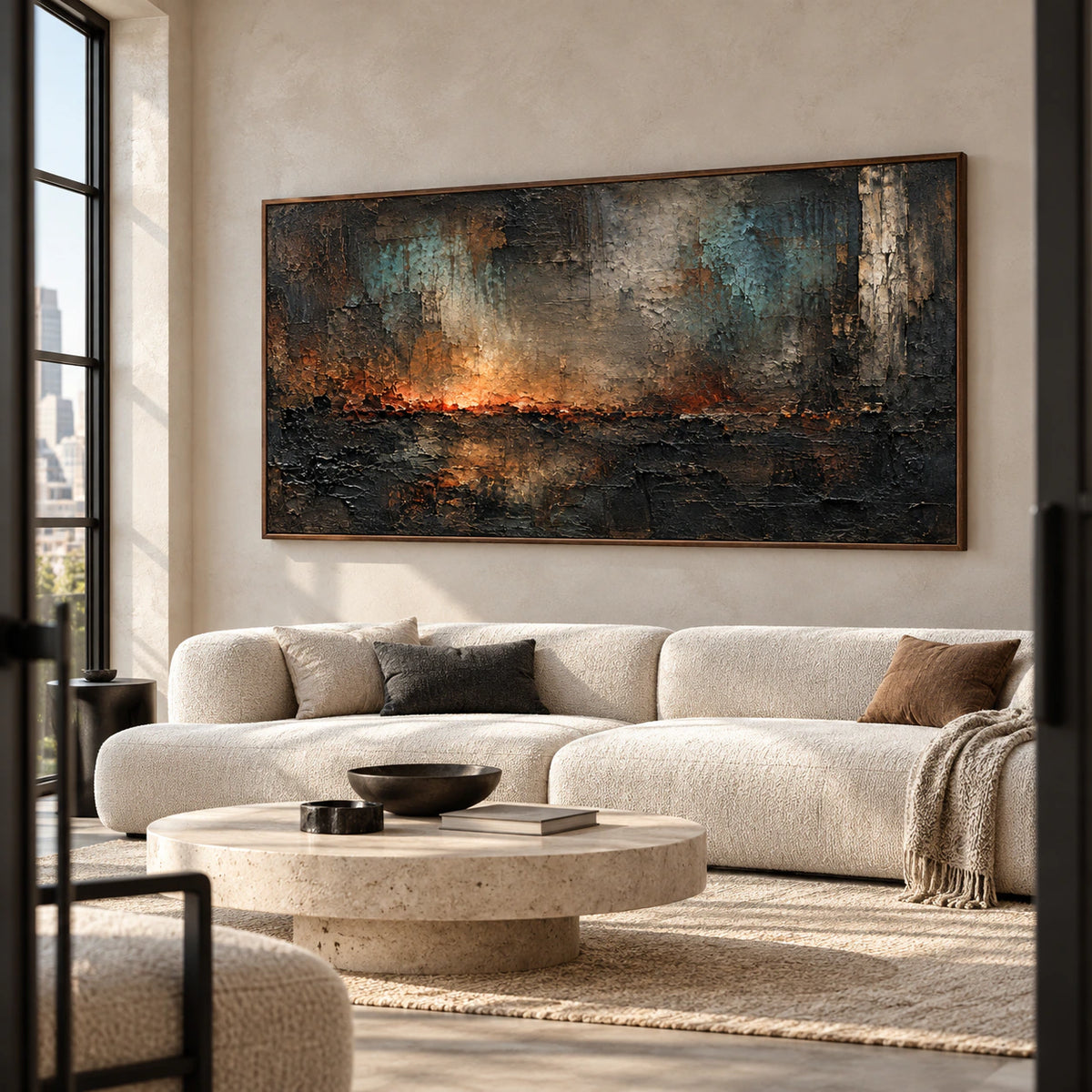 Cinder-Meridian above a restrained sofa in a bright living room.