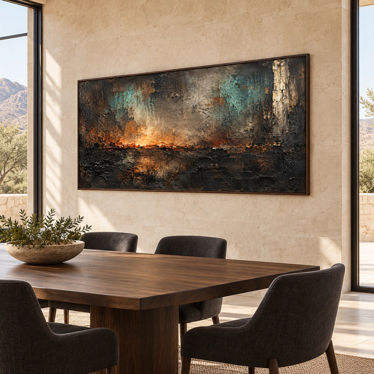 Cinder-Meridian anchoring a sunlit dining room with a long table and understated seating.