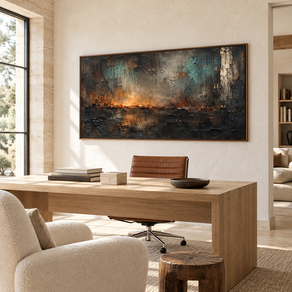 Cinder-Meridian in an airy home office with a reading chair and natural daylight.
