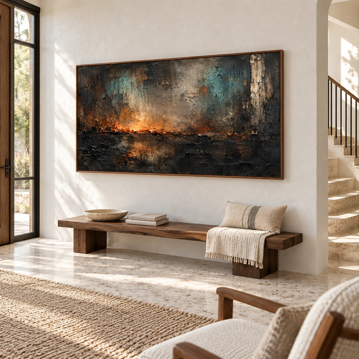 Cinder-Meridian displayed at gallery scale in a bright, open foyer.