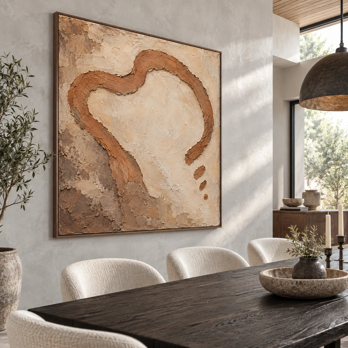 Clay-Loop as the focal square artwork in a refined daylight dining room.