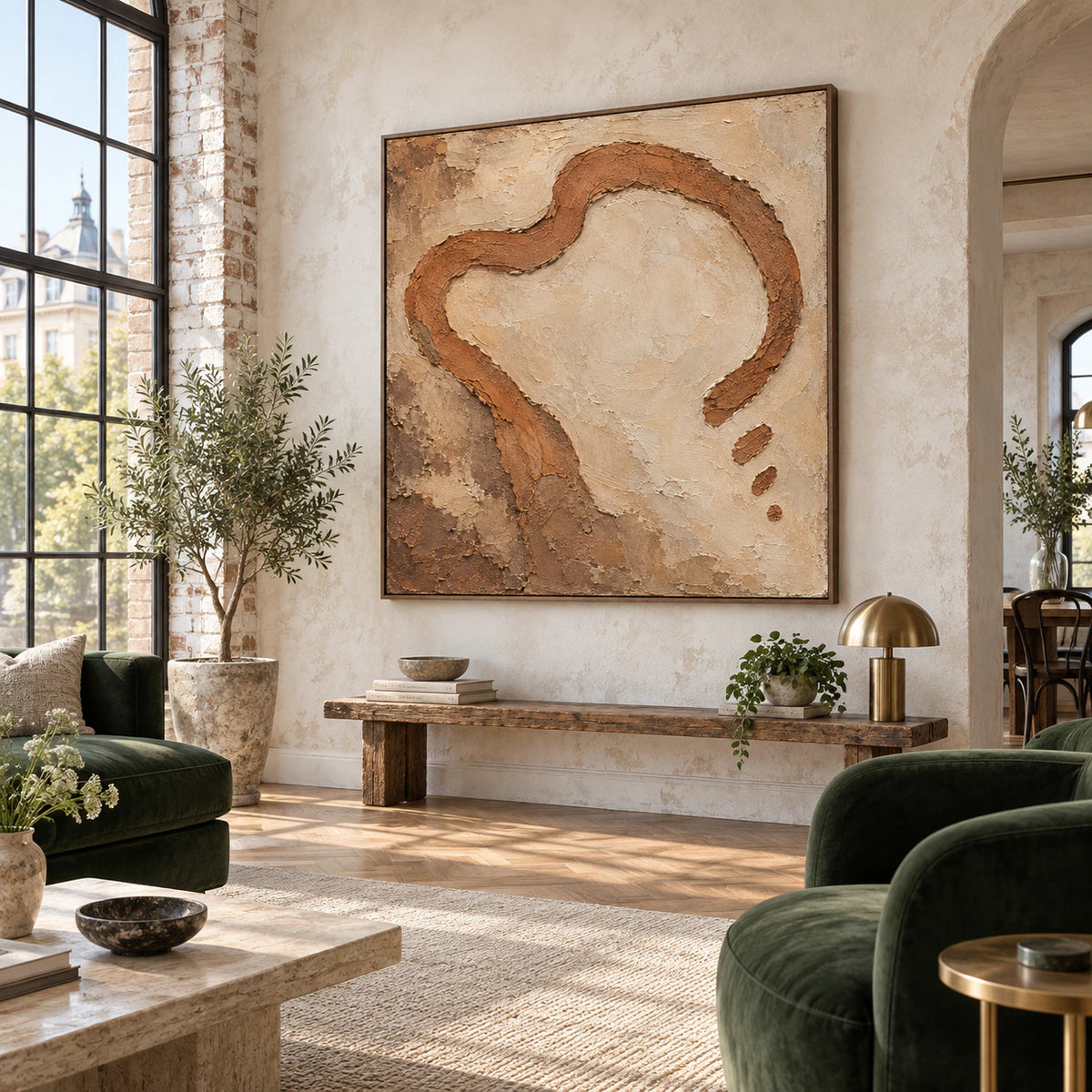Clay-Loop as a large focal artwork in an expansive daylight loft hospitality interior.