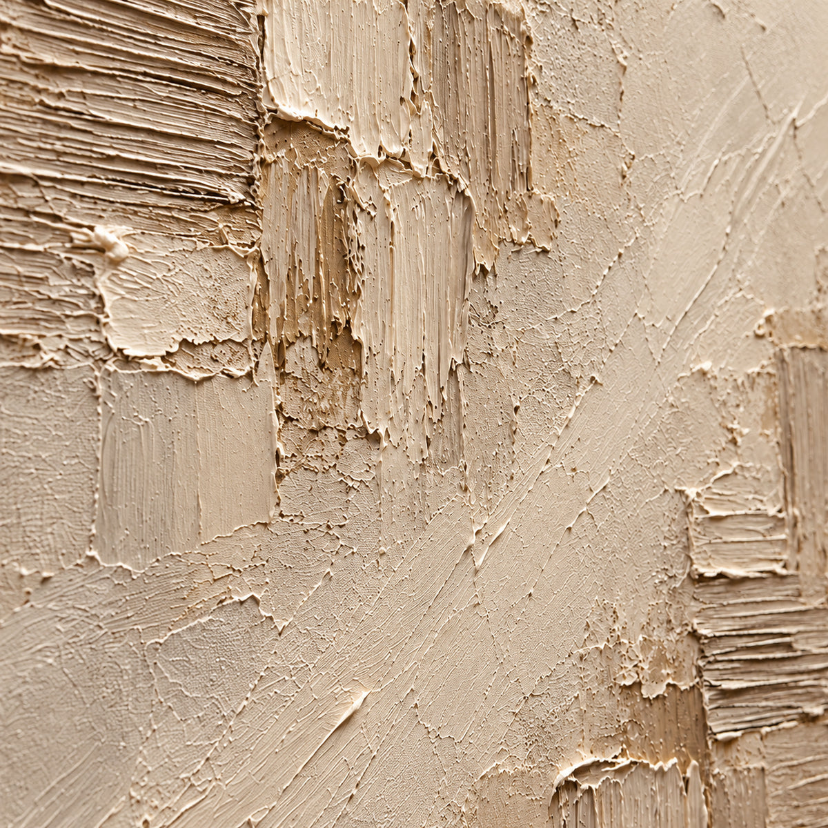 Clay-Measure oil painting brushwork and impasto detail photographed from an oblique side angle