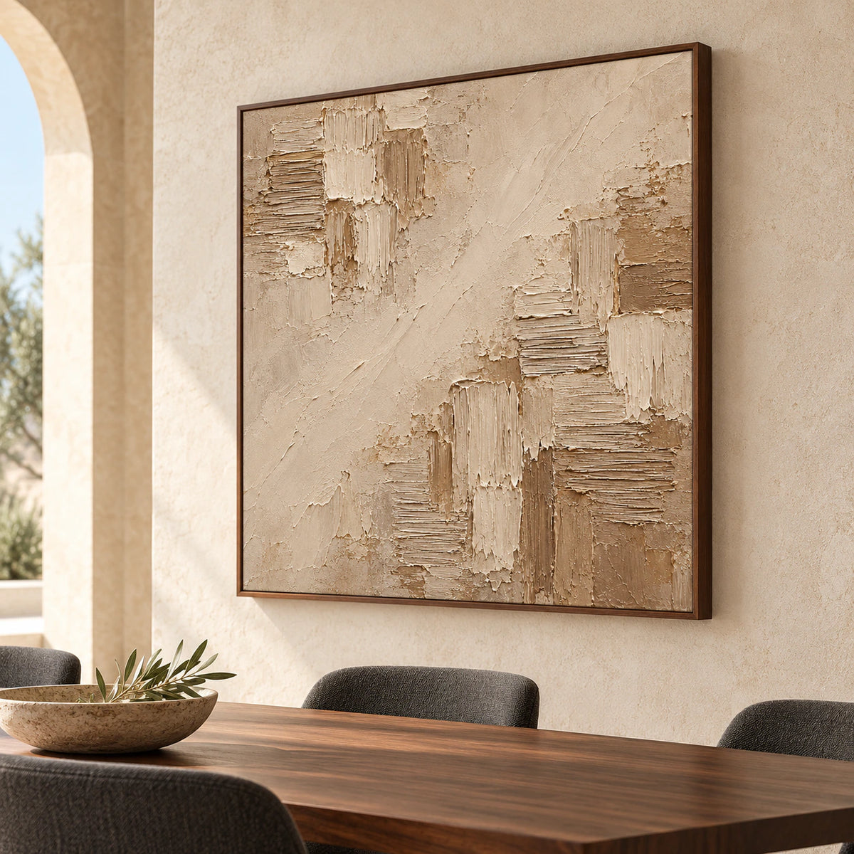 Square abstract artwork above a dark wood dining table in a refined dining room with light stone walls and soft daylight.