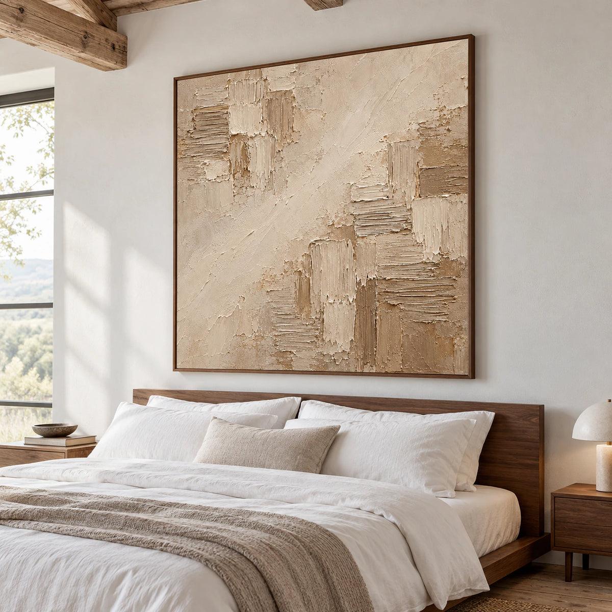 Square abstract artwork above a low walnut bed in a quiet bedroom with crisp white linen and gentle natural light.