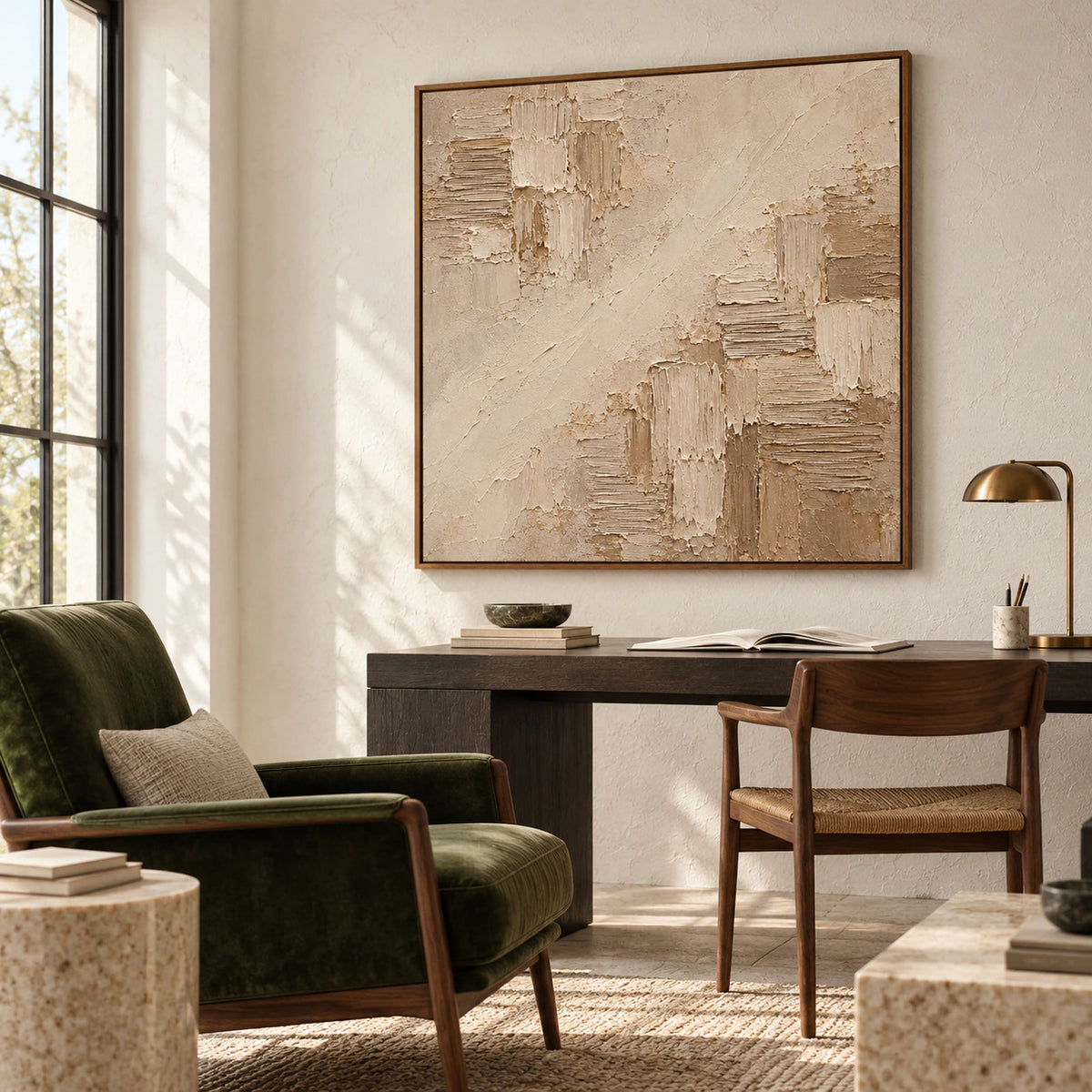 Square abstract artwork in an airy home office beside a simple desk and dark green reading chair, illuminated by clear window light.