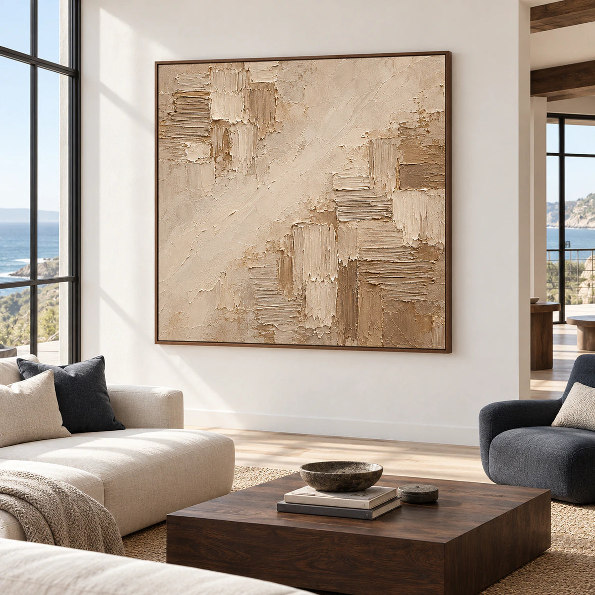 Square abstract artwork displayed prominently in an expansive loft interior with tall windows, light architectural walls and restrained furnishings.