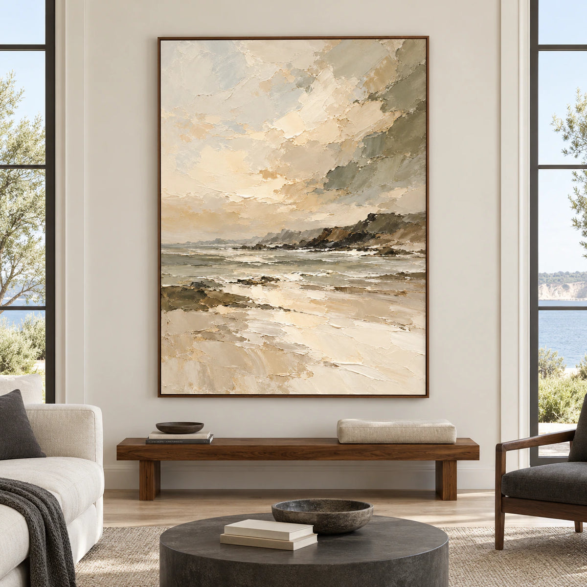 Clouded-Inlet displayed vertically above a low bench in a spacious sunlit living room, viewed straight on with charcoal, wood and linen furnishings.
