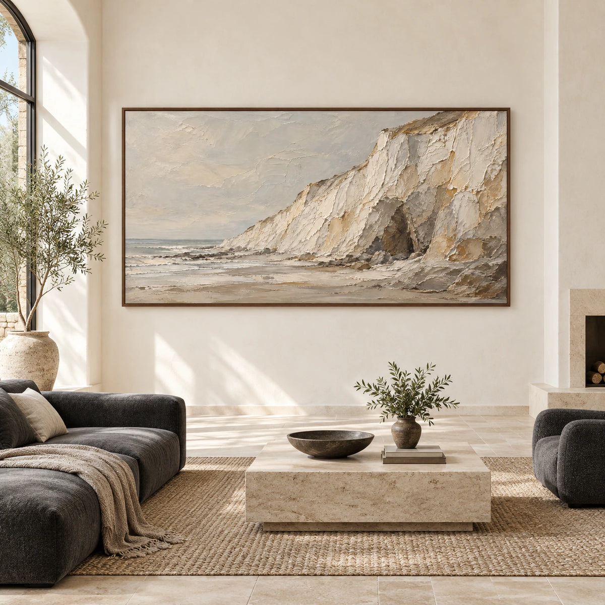 Coastal-Relief displayed at large scale in a bright, spacious architectural living room.