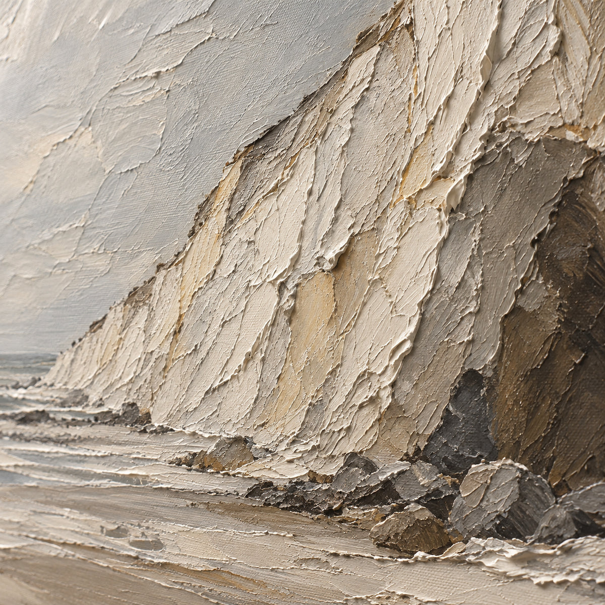 Coastal-Relief oil painting brushwork and impasto detail photographed from an oblique side angle