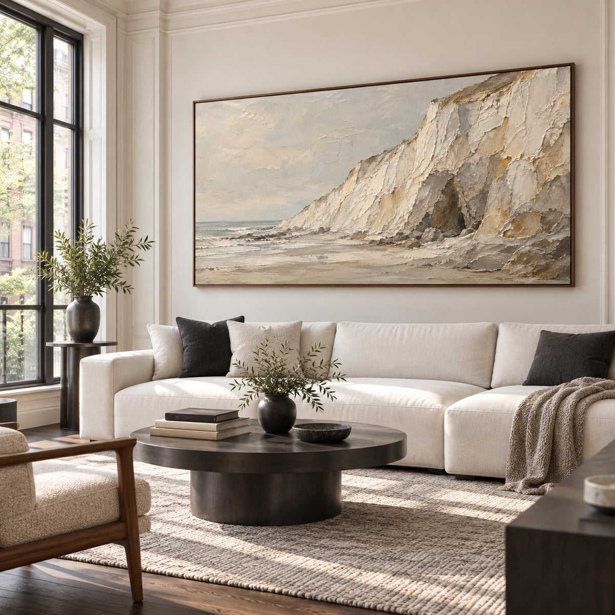Coastal-Relief above a restrained sofa in a bright contemporary living room.