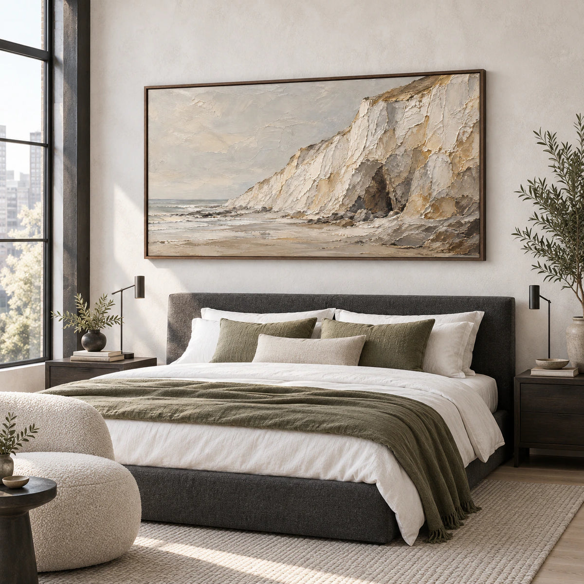 Coastal-Relief above a low bed in a quiet, softly lit bedroom.