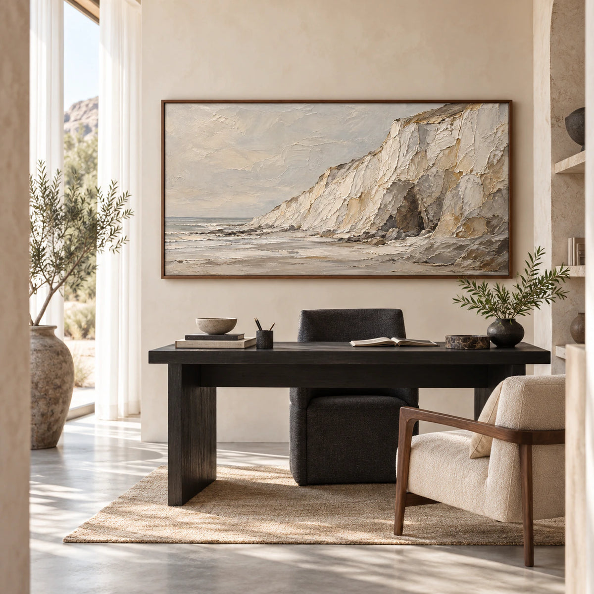 Coastal-Relief in an airy reading and home office space with natural daylight.