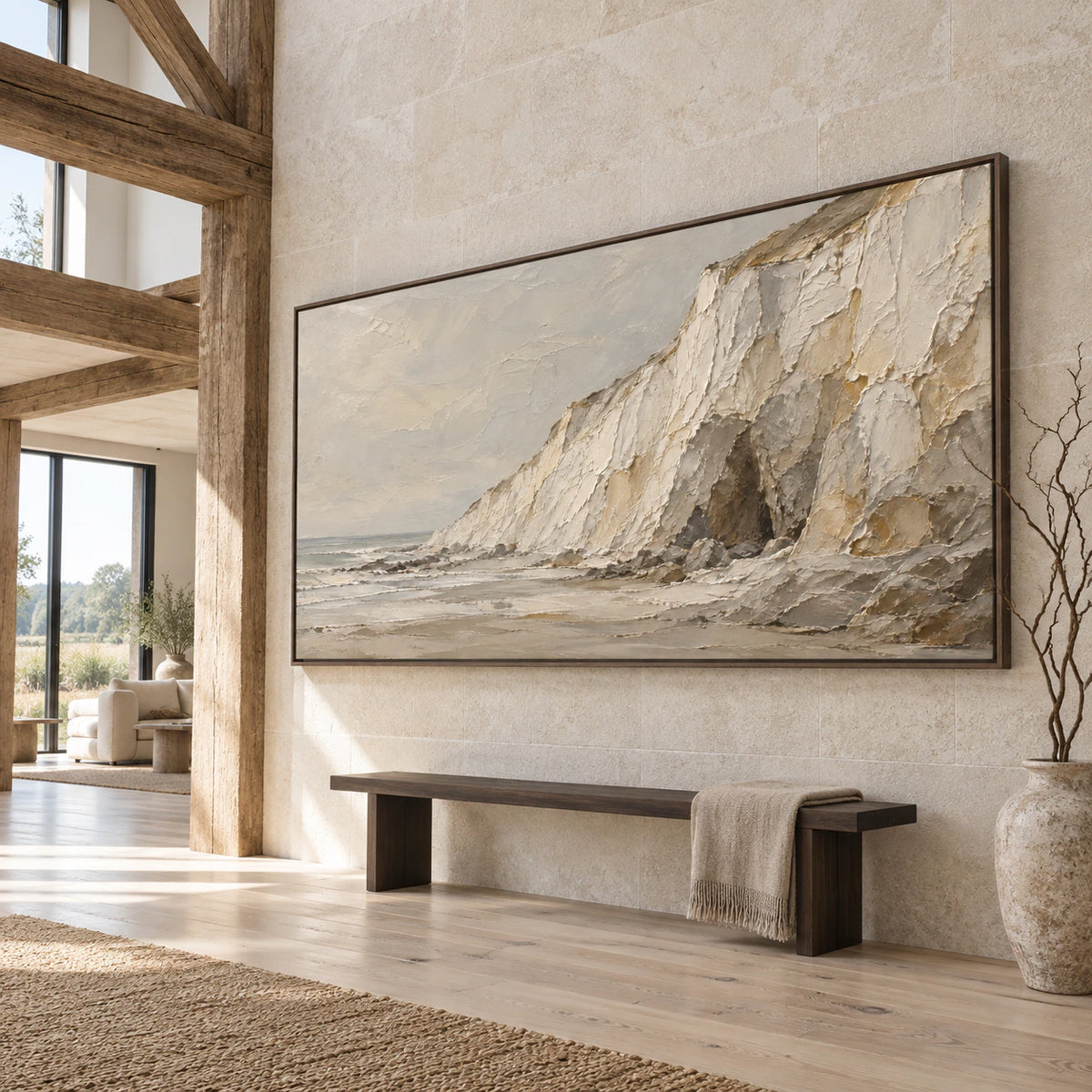 Coastal-Relief installed at gallery scale in a luminous stone foyer.