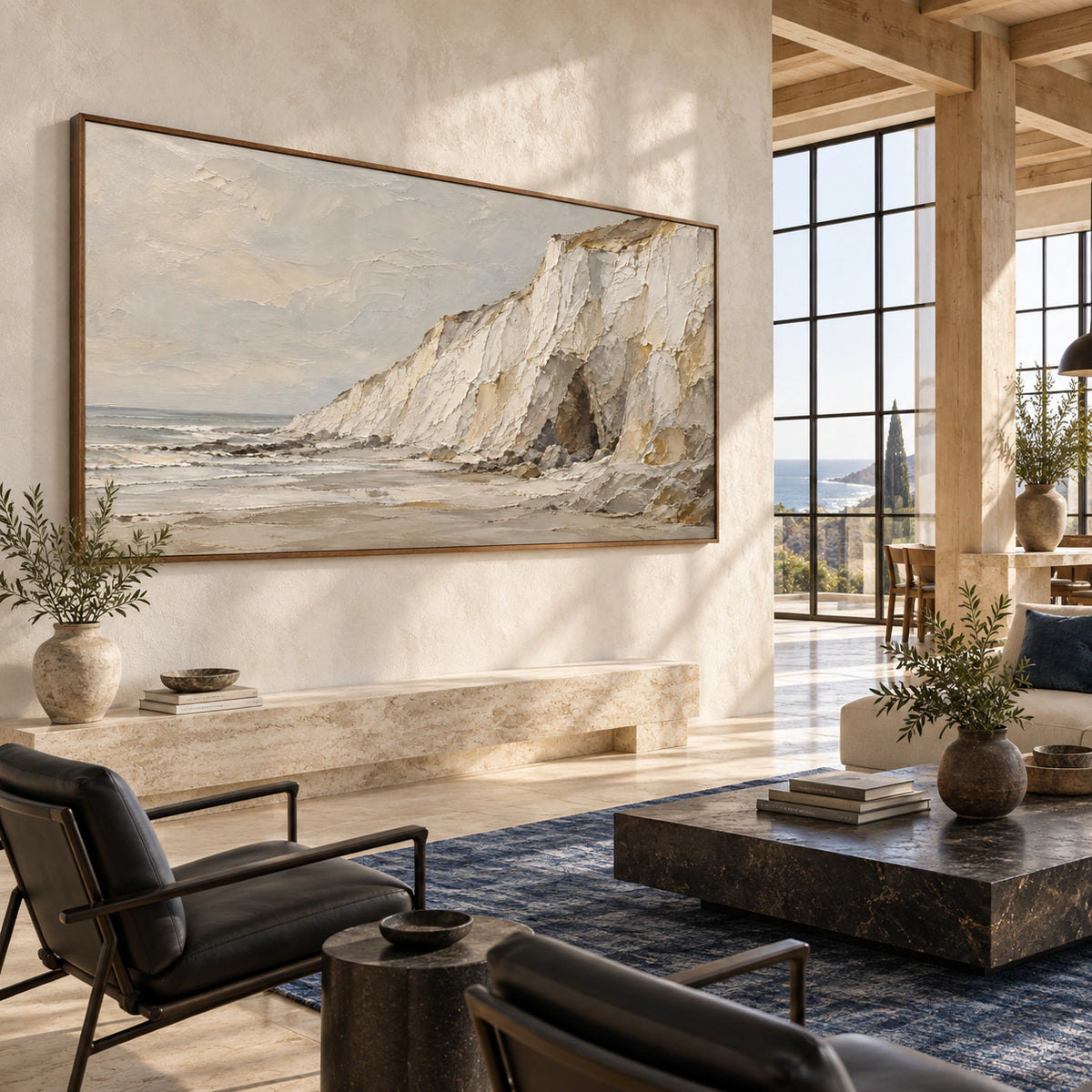 Coastal-Relief as a large-scale focal artwork in an expansive hospitality loft.