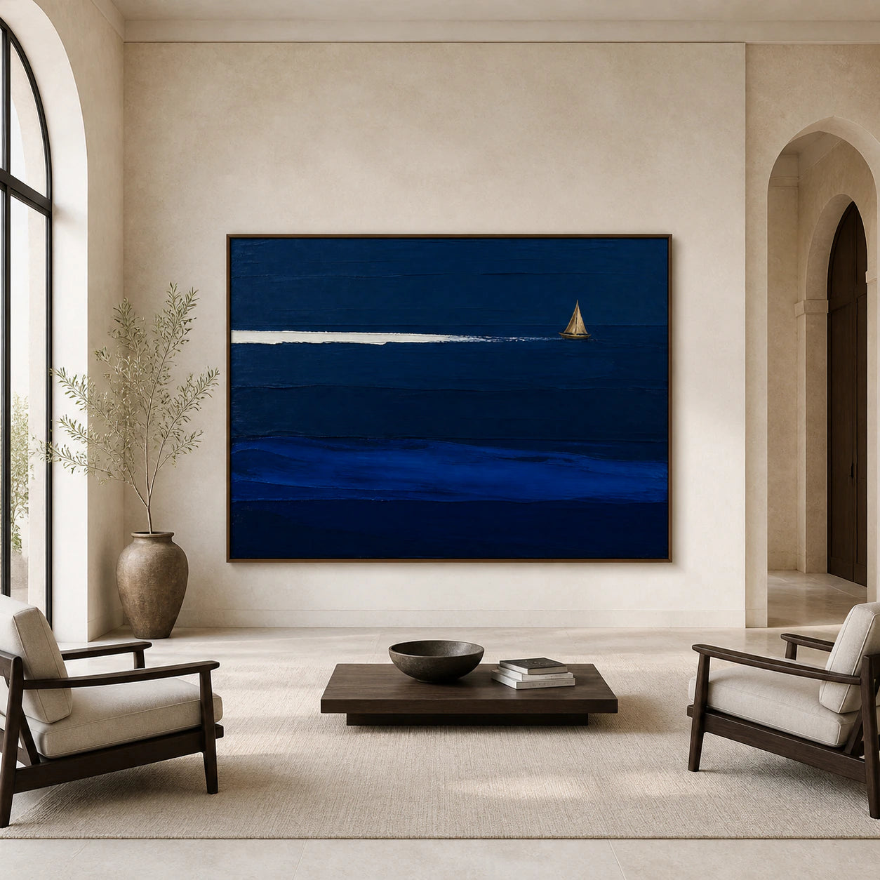 Cobalt-Drift displayed at large scale, straight-on in a bright architectural living space.