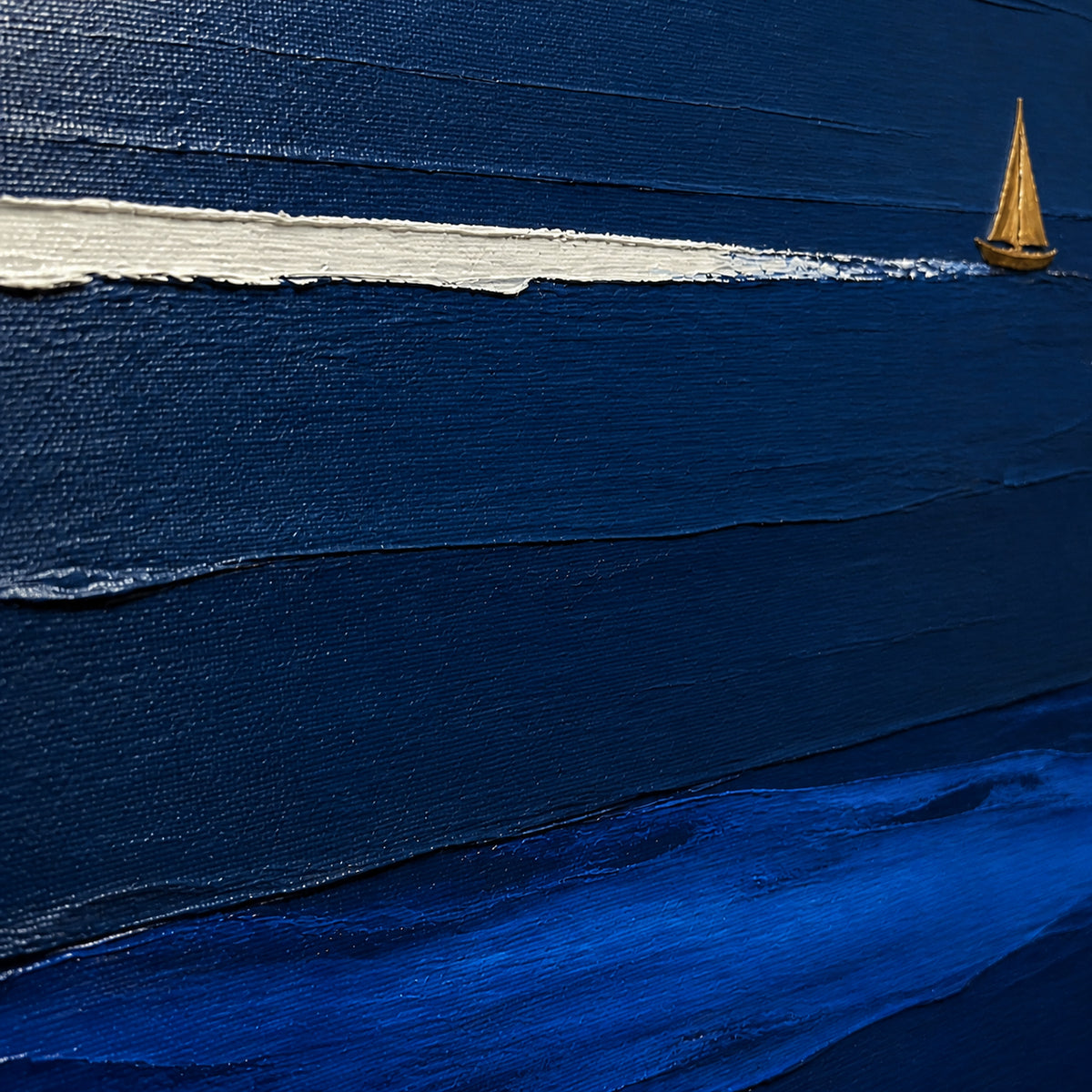 Cobalt-Drift oil painting brushwork and impasto detail photographed from an oblique side angle