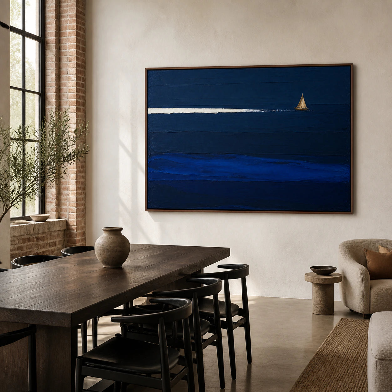 Cobalt-Drift as the focal artwork in a refined daylight dining room.