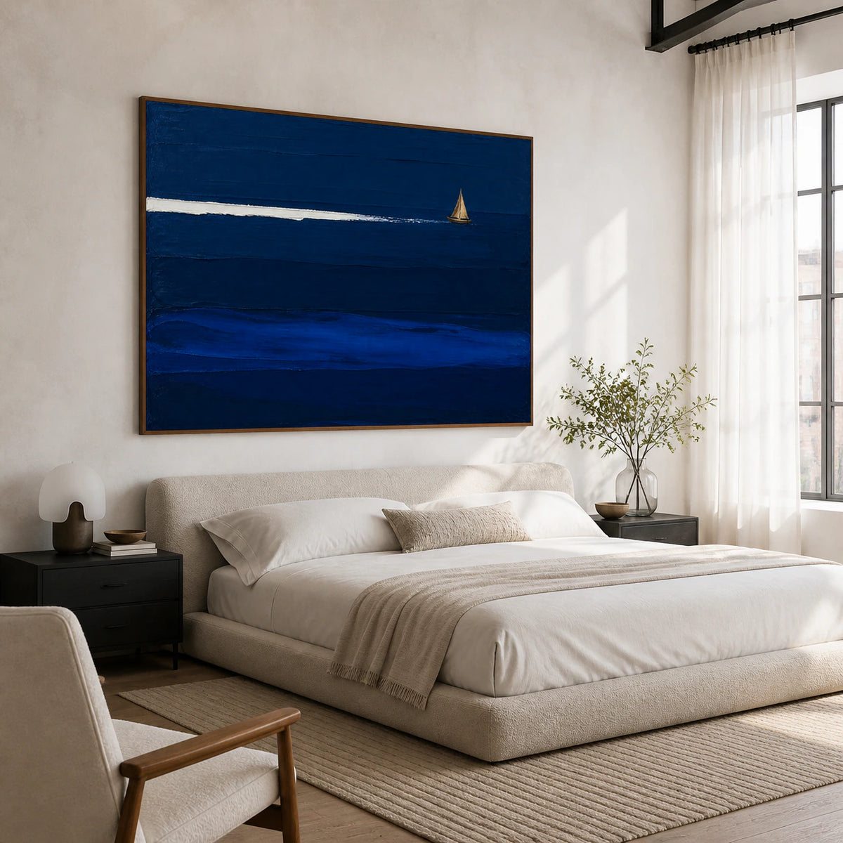 Cobalt-Drift above a low bed in a quiet, light-filled bedroom.