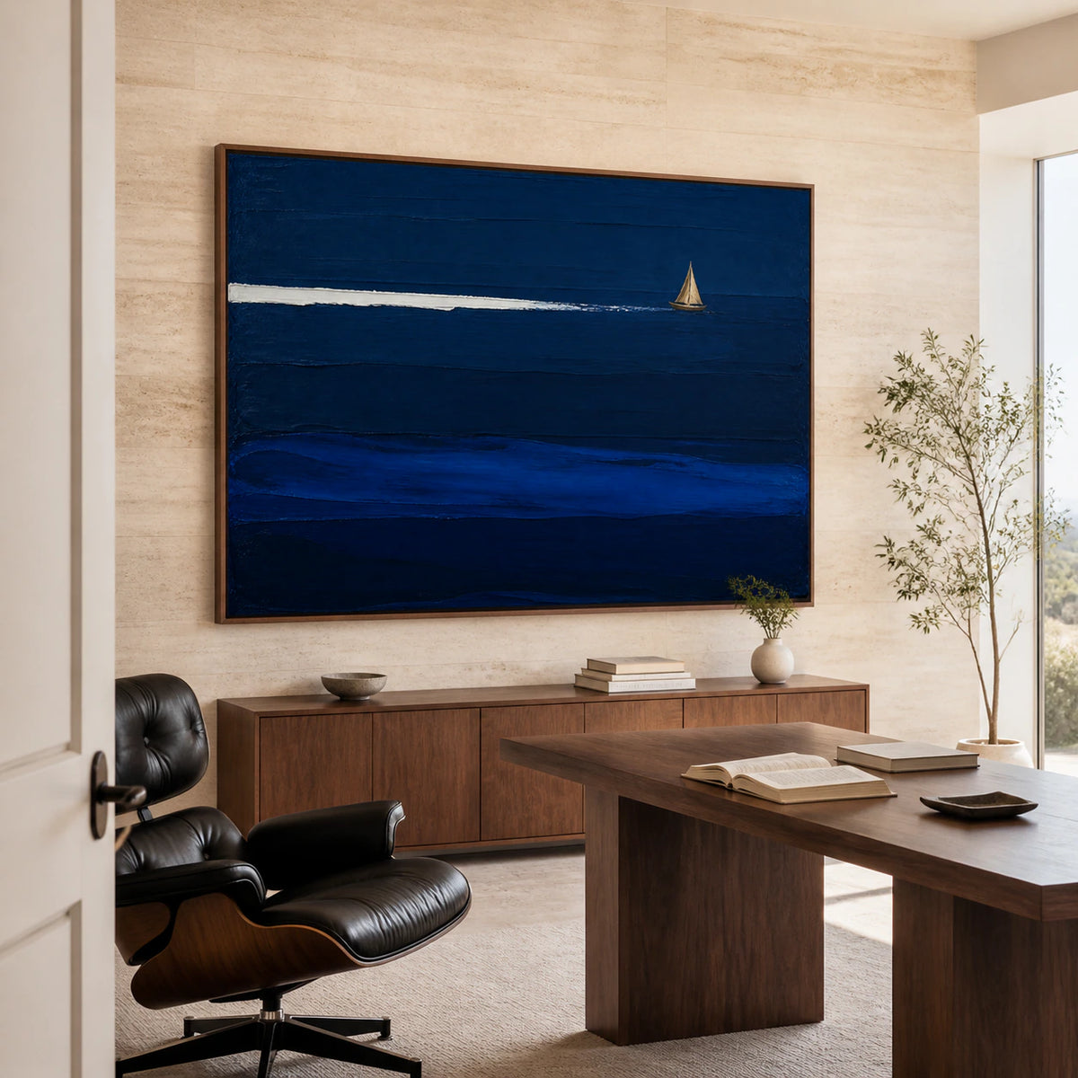 Cobalt-Drift in an airy home office with a reading chair and natural daylight.