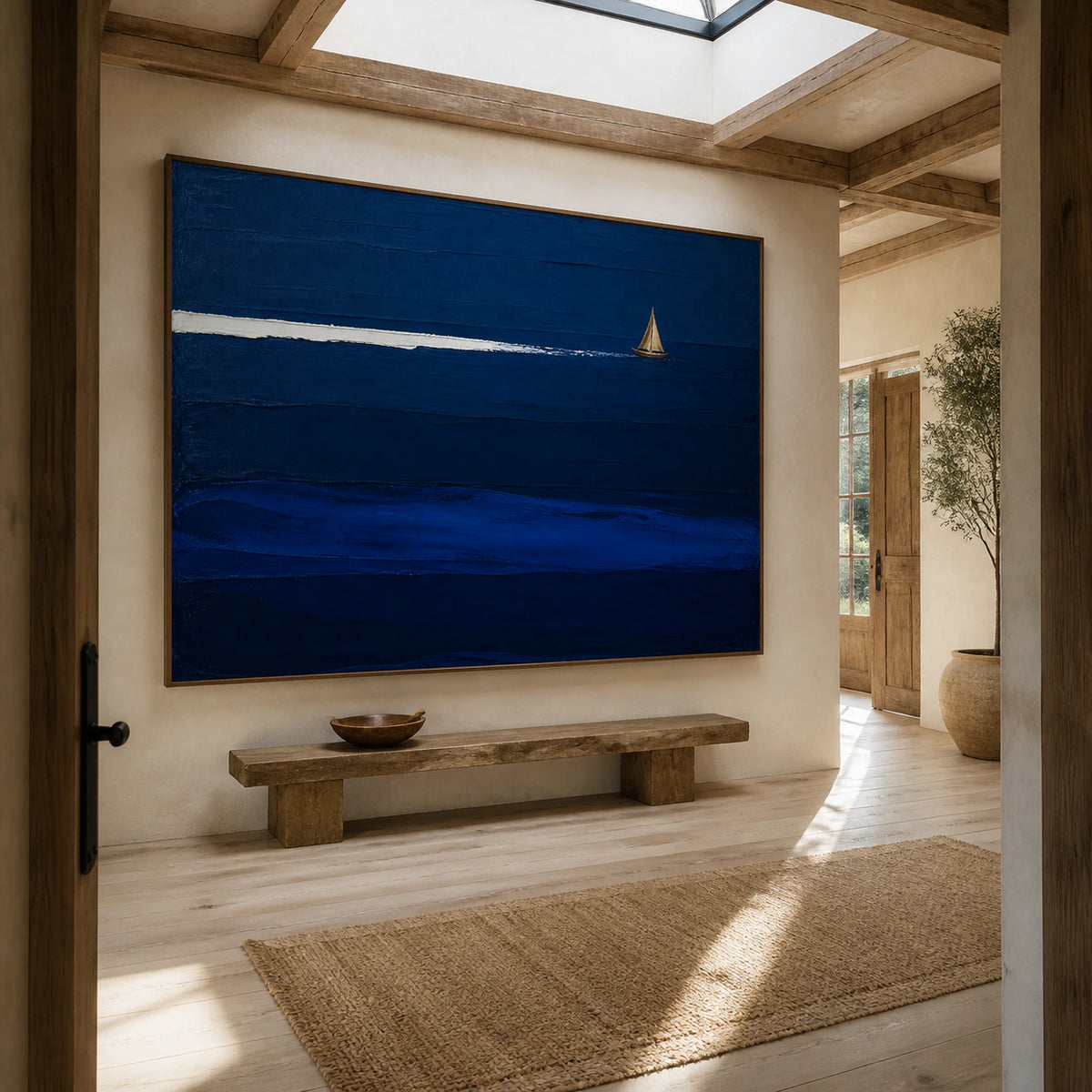 Cobalt-Drift at gallery scale in a bright sculptural foyer.