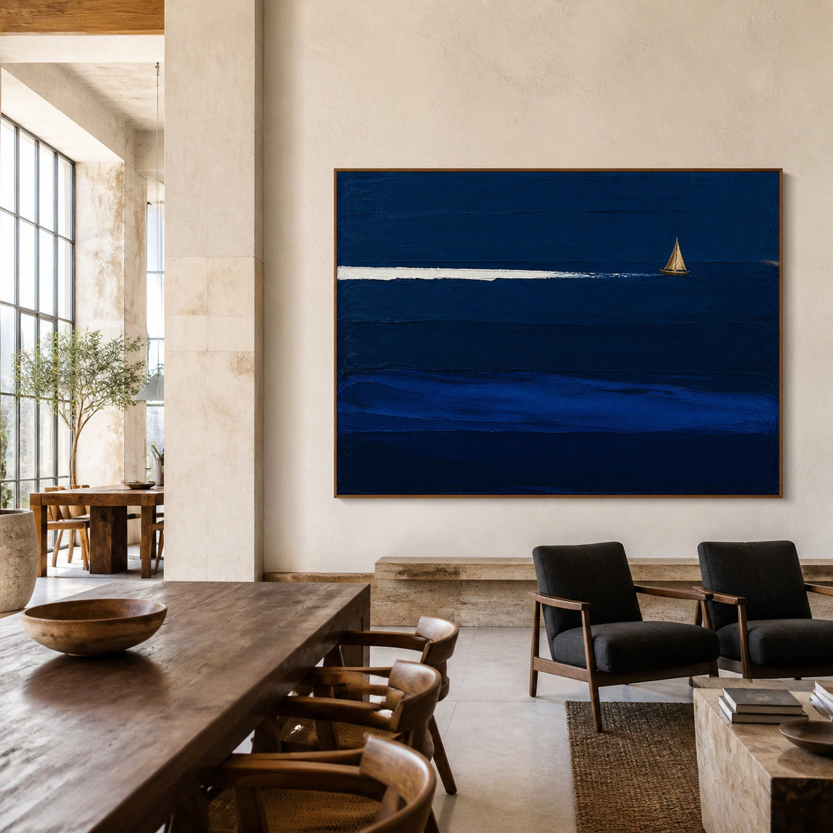 Cobalt-Drift as a large focal artwork in an expansive daylight loft interior.