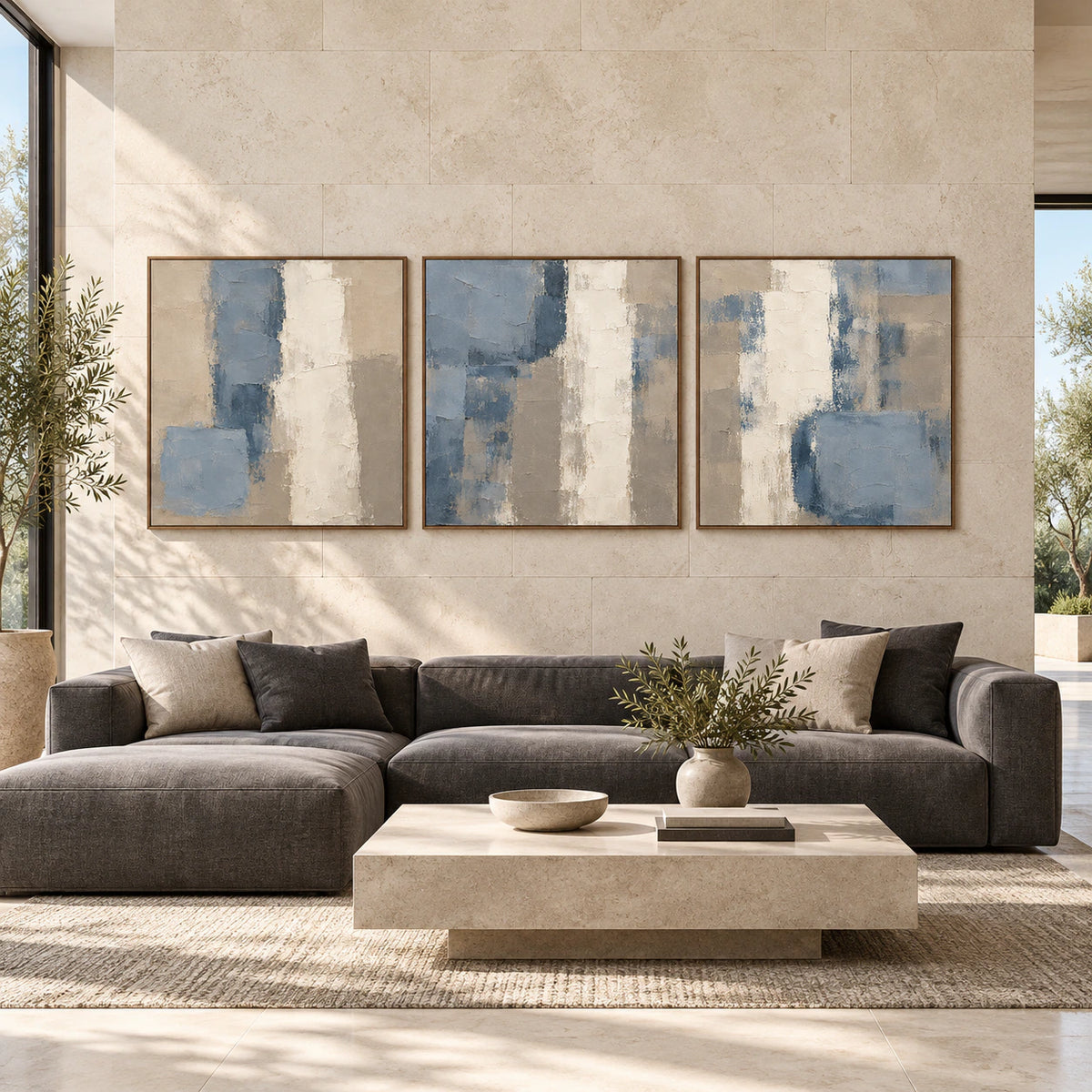 Large straight-on gallery view of the Cobalt-Quoin triptych in slim walnut frames.