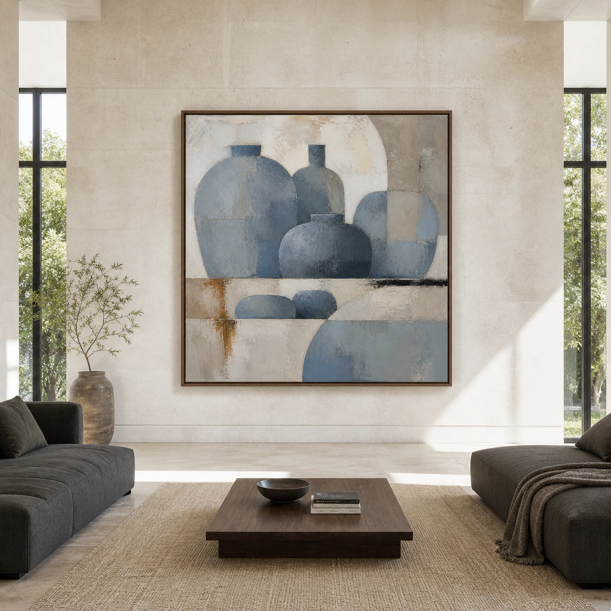 Large square blue-grey geometric vessel painting displayed straight-on in a spacious daylight-filled interior.