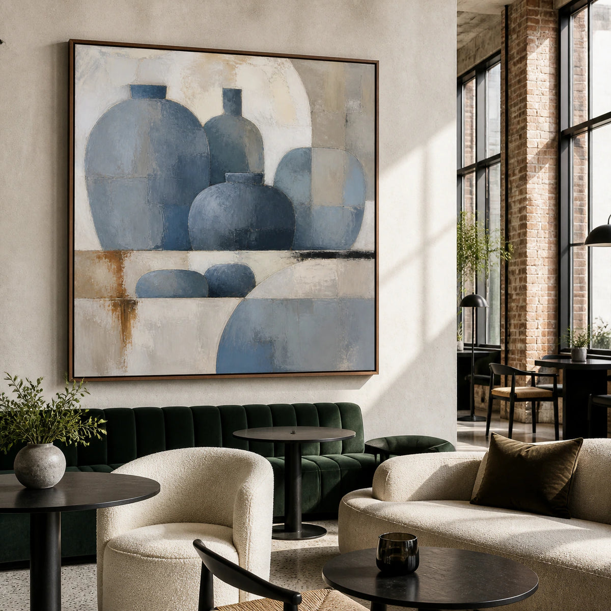 Square geometric vessel painting featured in an expansive hospitality loft interior.
