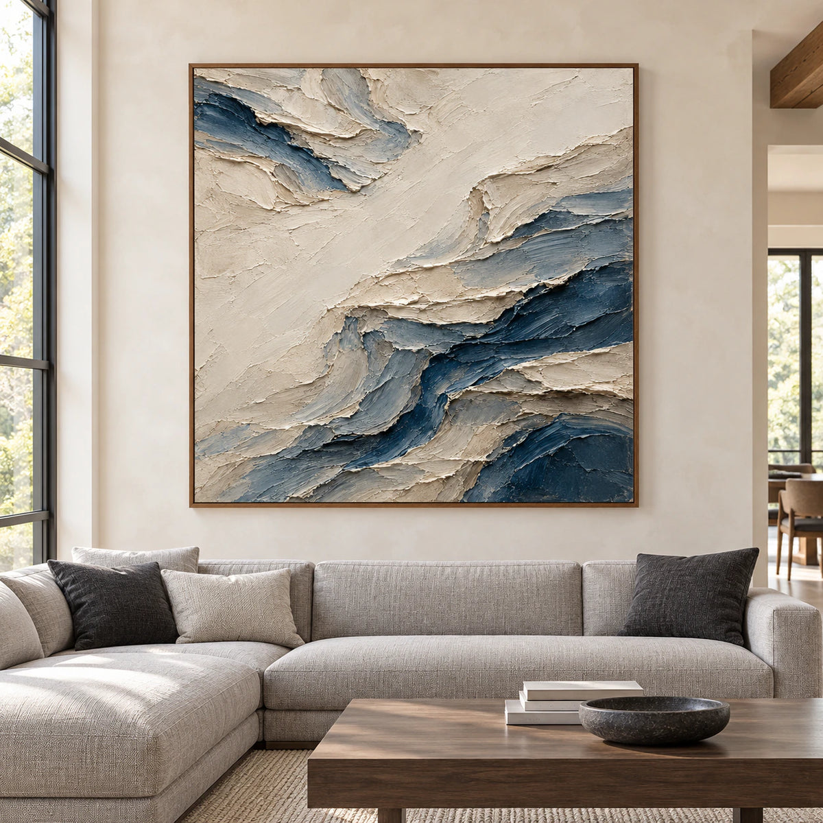 Cobalt-Weft displayed as a large square focal artwork in a bright, spacious modern interior.