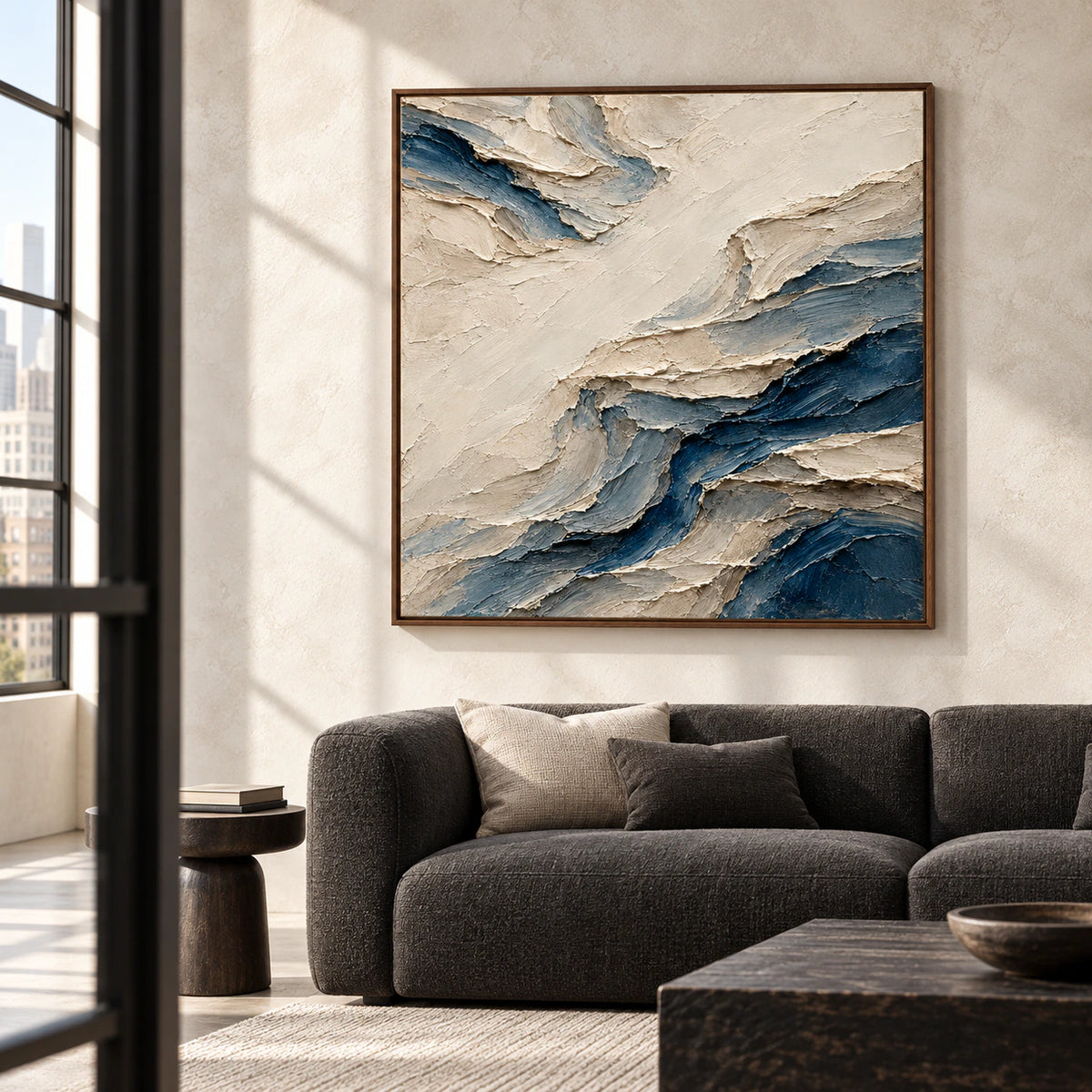 Cobalt-Weft anchors a bright living room above a restrained neutral sofa.
