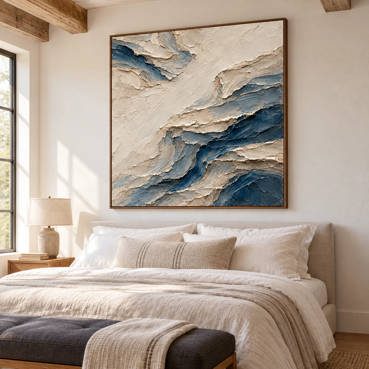 Cobalt-Weft brings tactile contrast to a quiet bedroom with pale linen bedding.