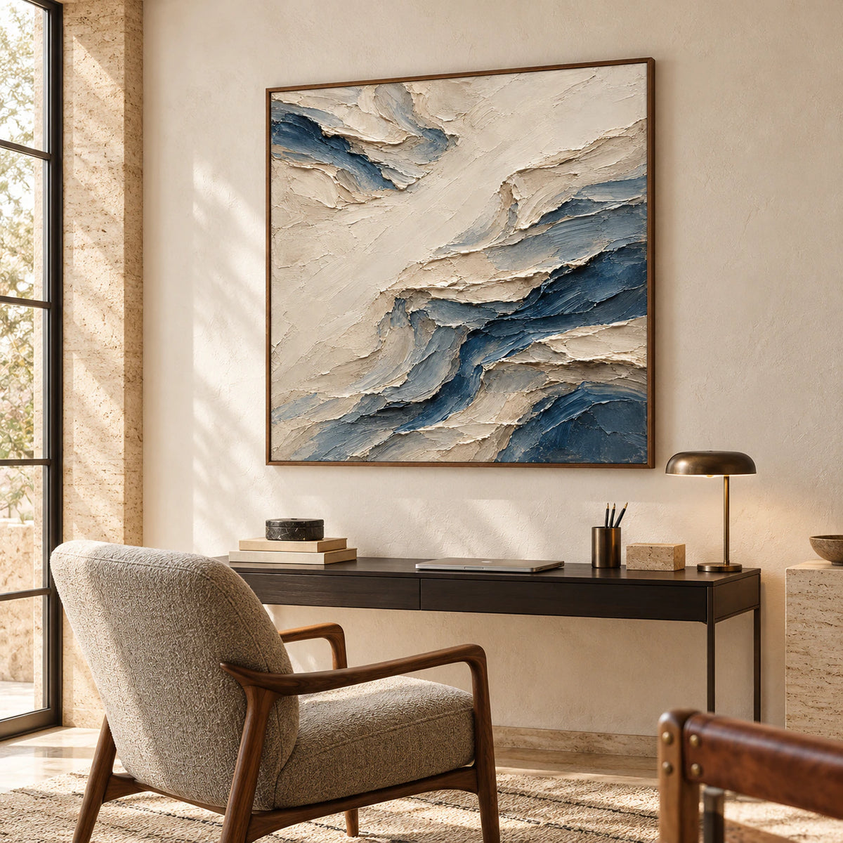 Cobalt-Weft fills the wall above a desk in an airy home office and reading space.