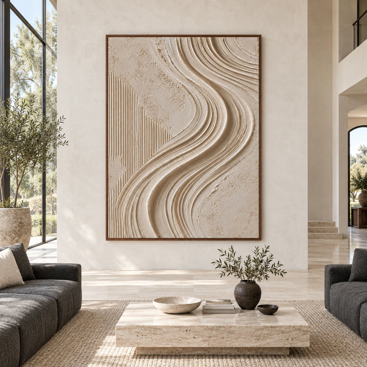 Large vertical neutral textured abstract painting displayed straight-on in a spacious daylight-filled architectural living room.