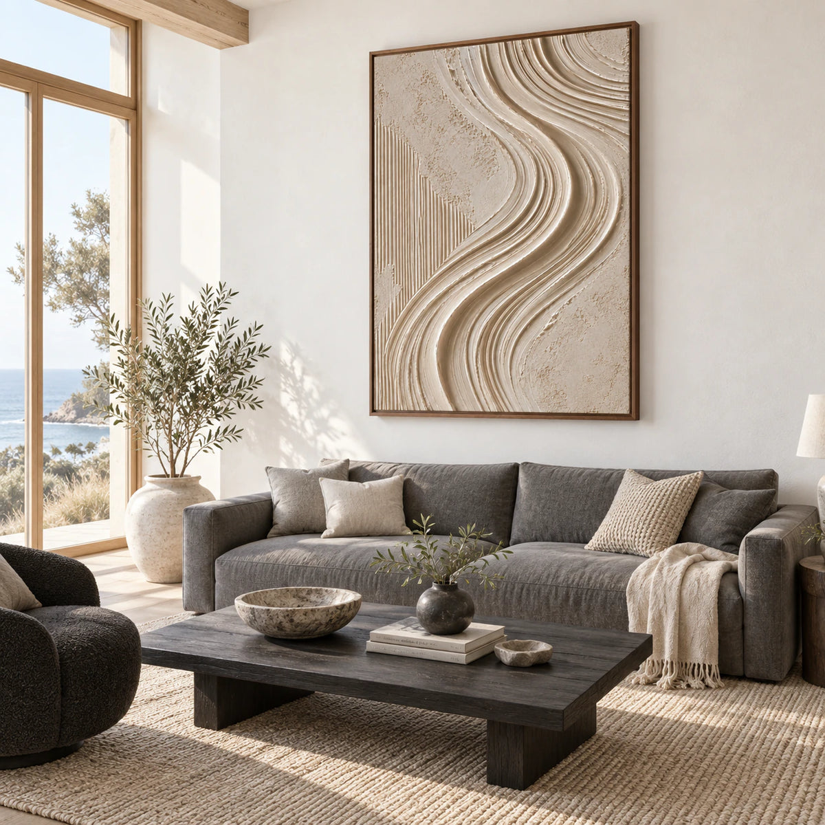 Vertical neutral textured abstract painting as the focal point of a bright contemporary living room.