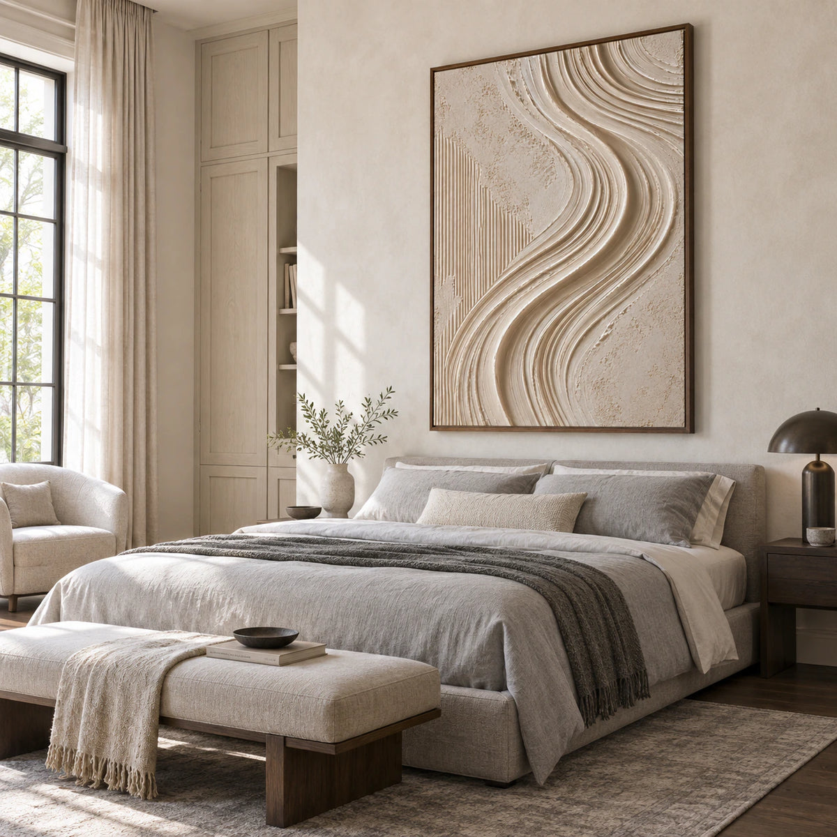 Vertical neutral textured abstract painting creating a calm focal point in a quiet bedroom.