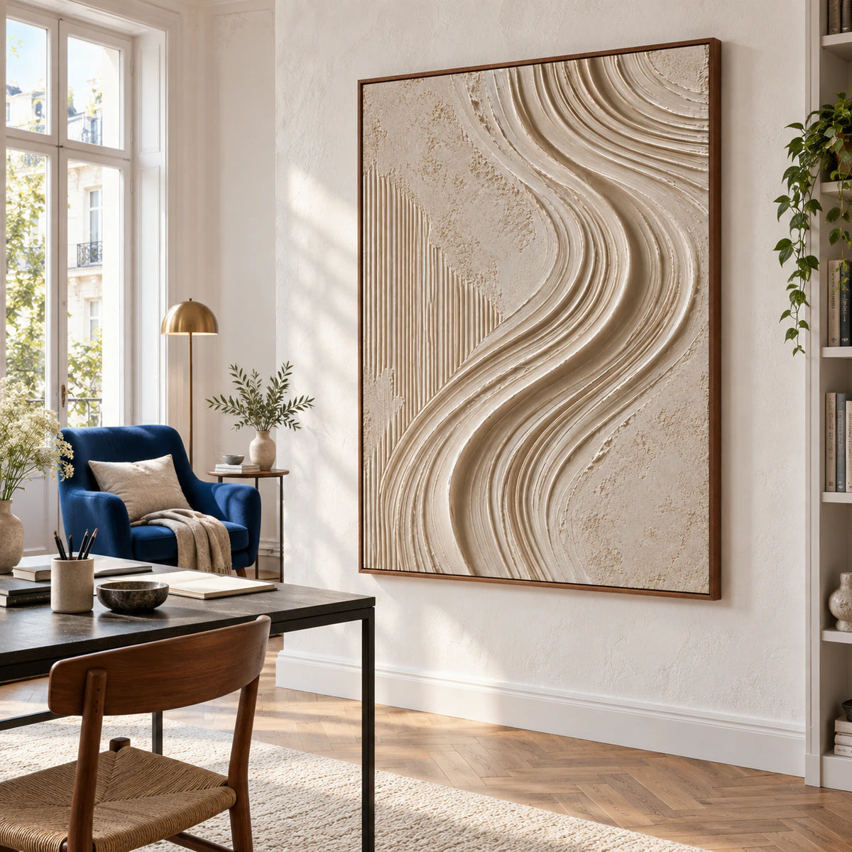 Vertical neutral textured abstract painting in an airy home office reading space.