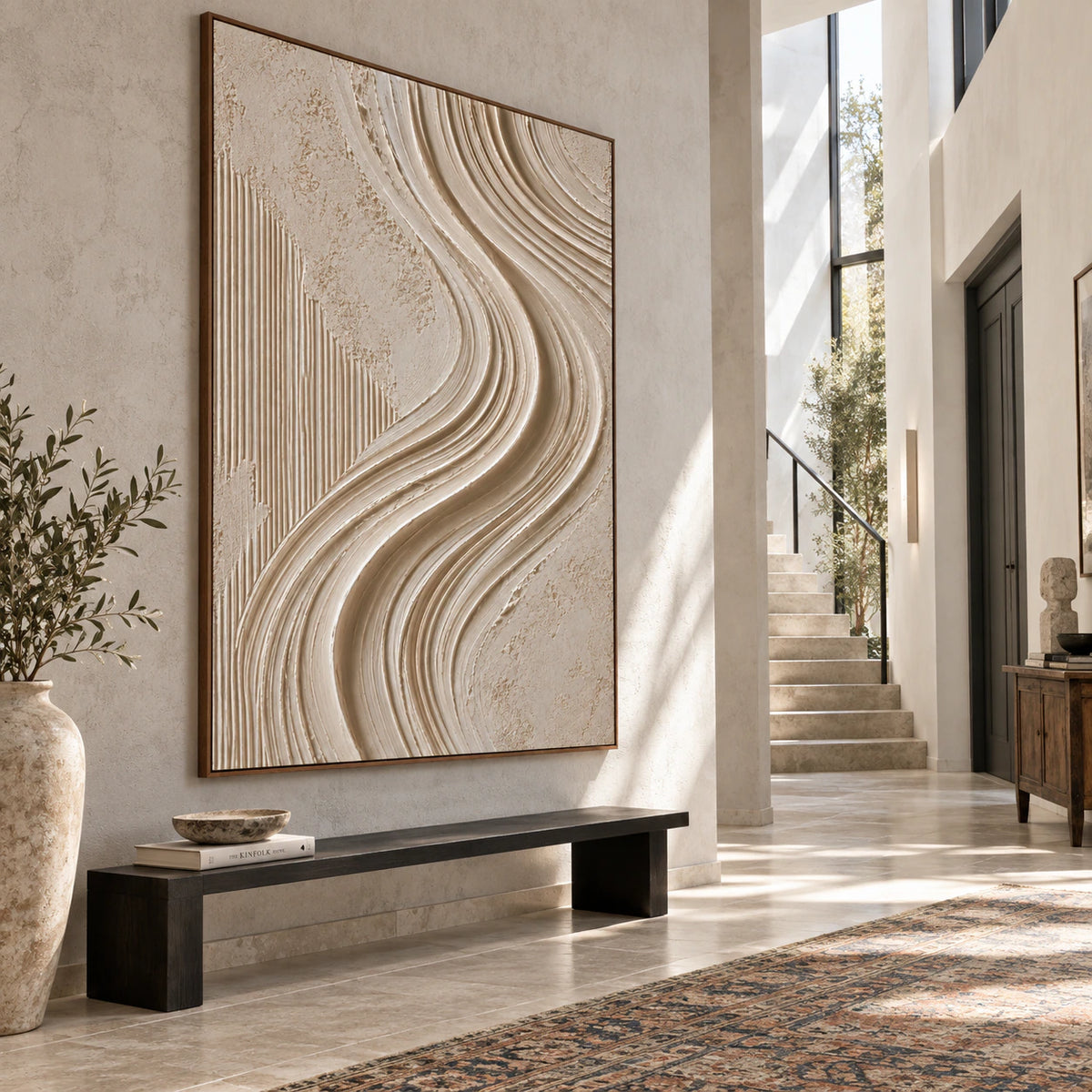 Large vertical neutral textured abstract painting in a gallery-scale daylight foyer.
