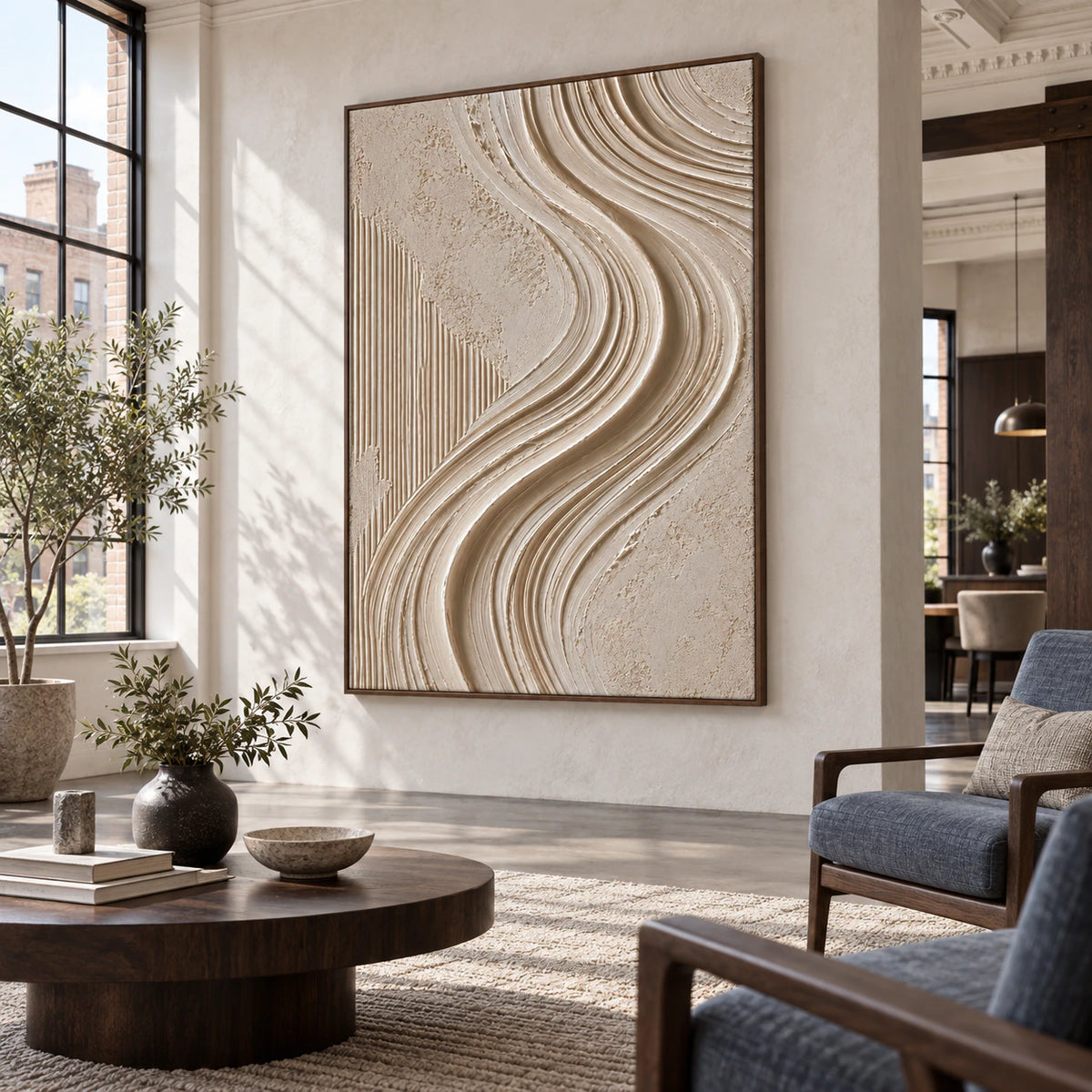 Vertical neutral textured abstract painting anchoring an expansive hospitality loft interior.