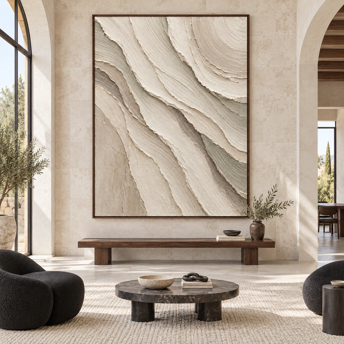 Large straight-on gallery interior featuring the vertical ivory and greige relief artwork at an impressive scale.
