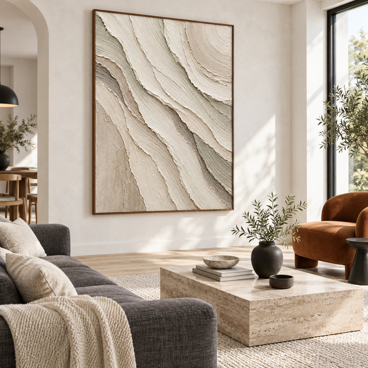 Bright living room with the large vertical layered relief artwork as the focal point.