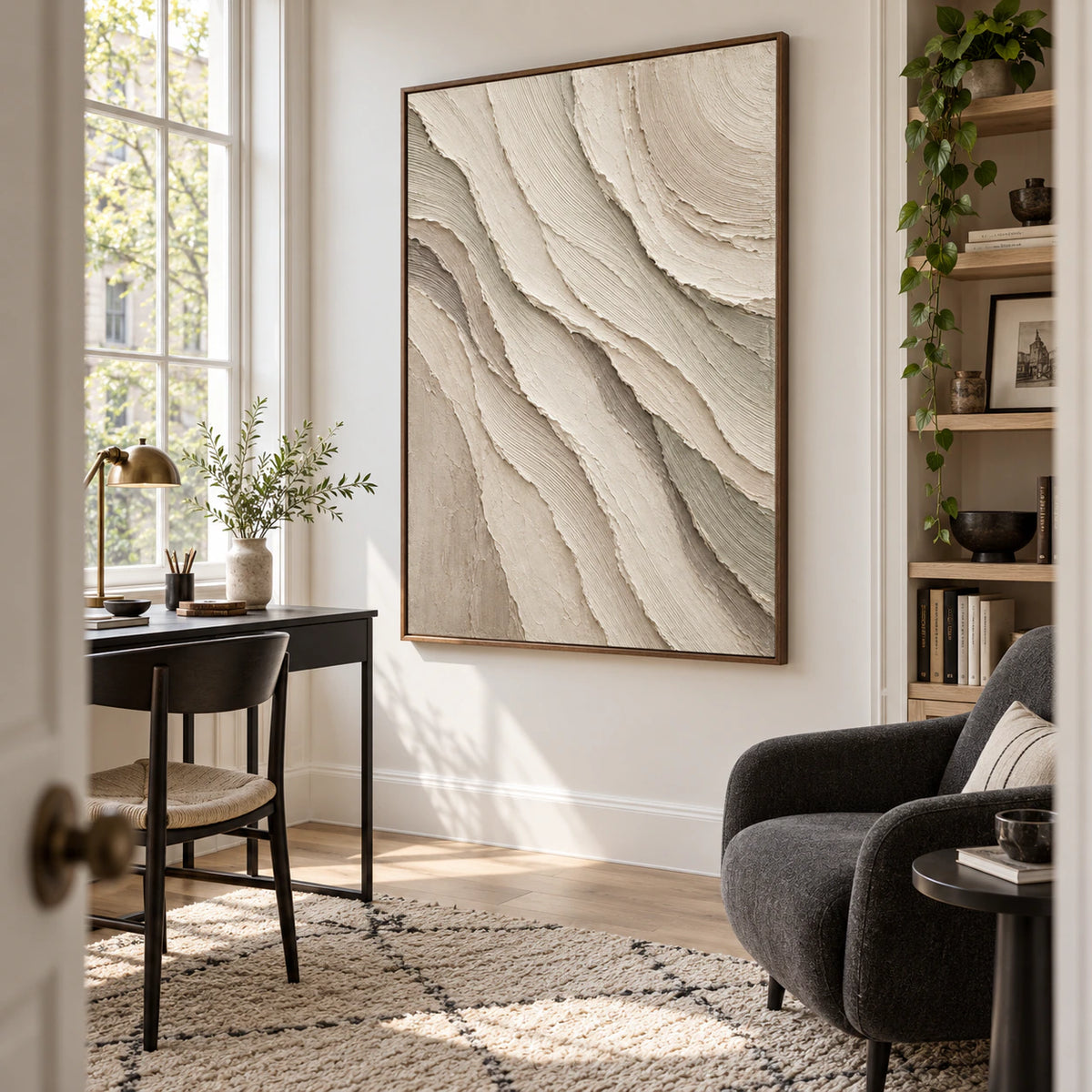 Airy reading space featuring the vertical textured relief artwork in clear daylight.