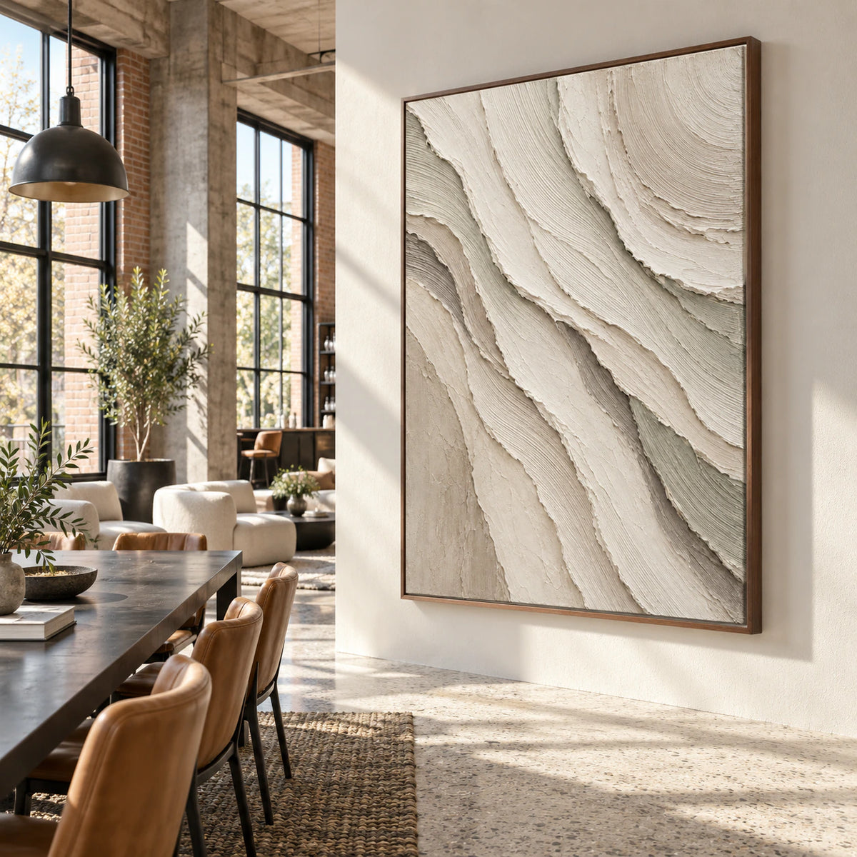 Expansive loft interior showcasing the vertical layered relief artwork at a generous scale.