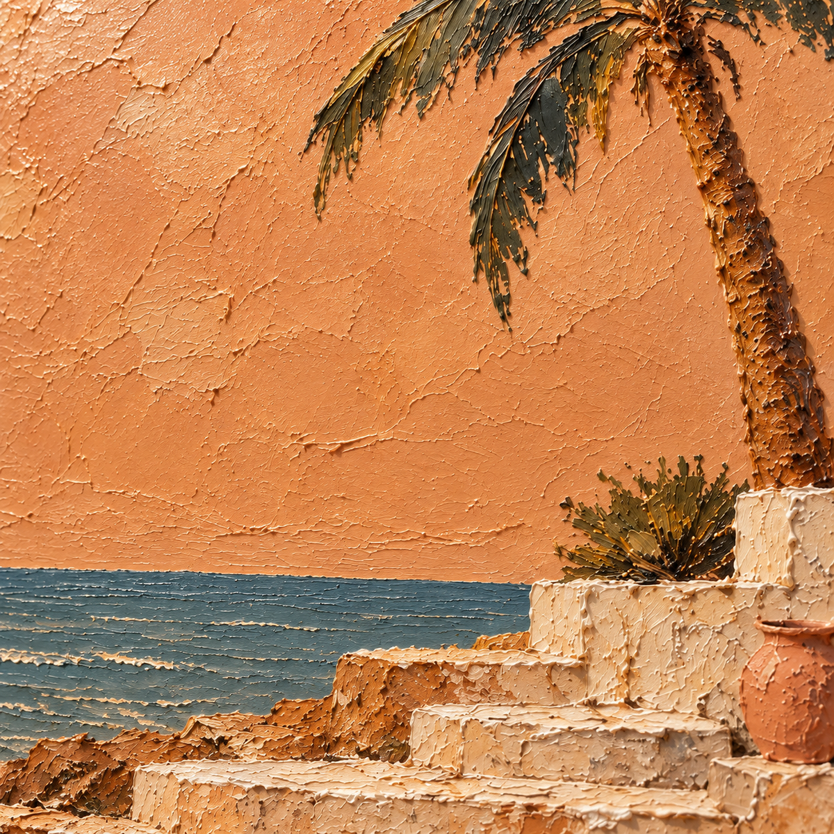 Copper-Littoral oil painting brushwork and impasto detail photographed from an oblique side angle