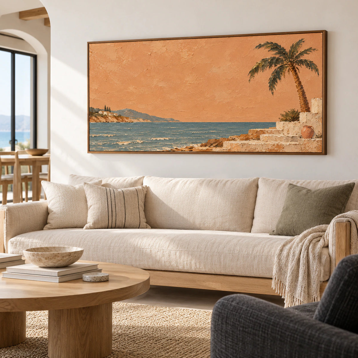 Copper-Littoral displayed above a light oak sofa in a bright living room with white walls, natural daylight, and restrained charcoal accents.