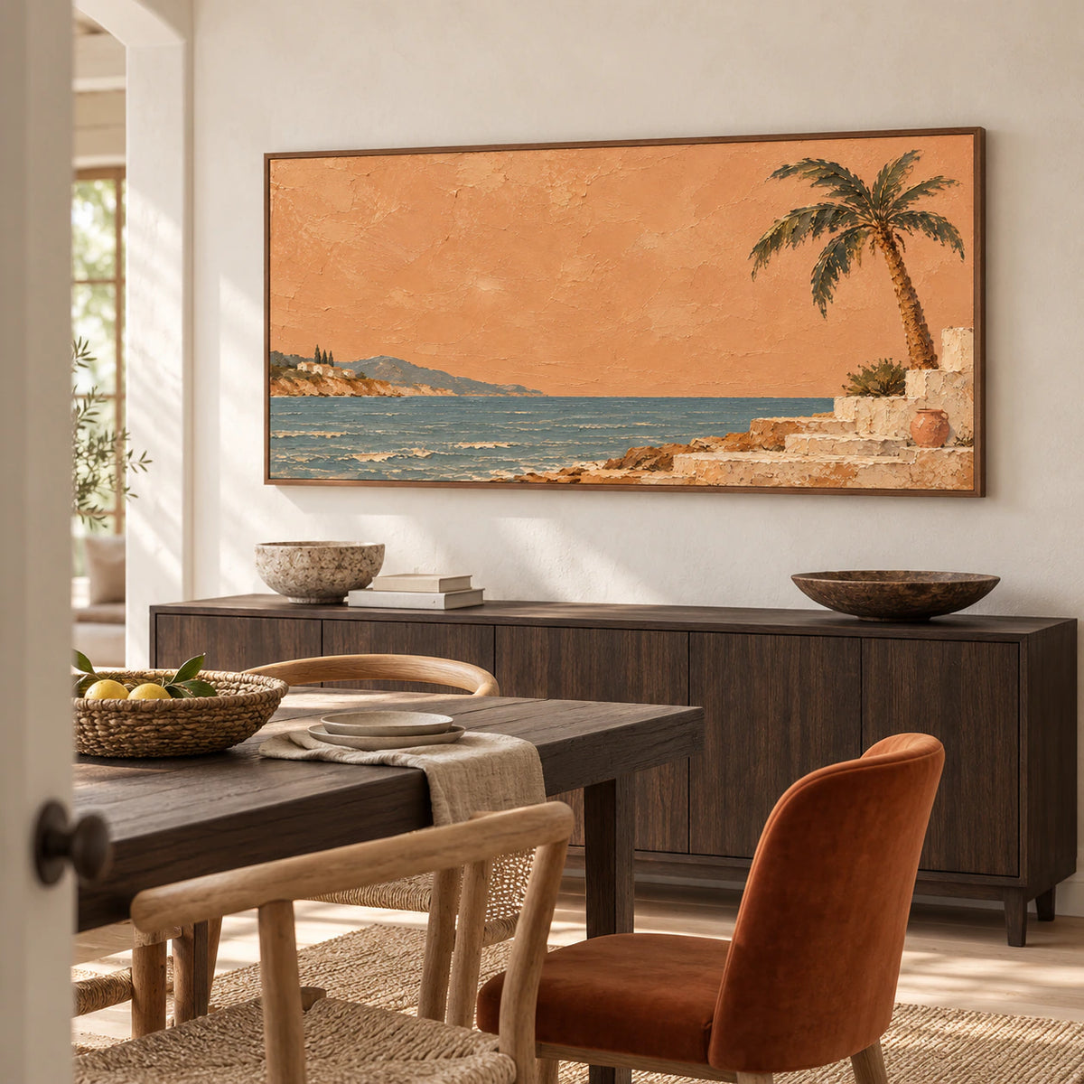 Copper-Littoral mounted in a refined dining room above a dark wood sideboard, with pale plaster walls and soft daylight across the table.