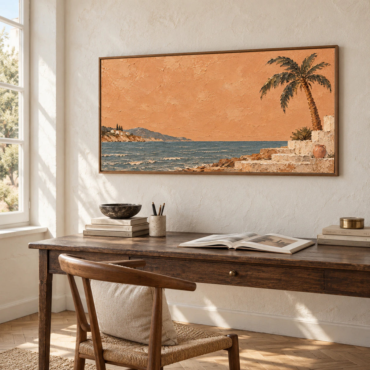 Copper-Littoral displayed over a slim desk in an airy home office with pale walls, a dark timber desk, and open daylight from the side.