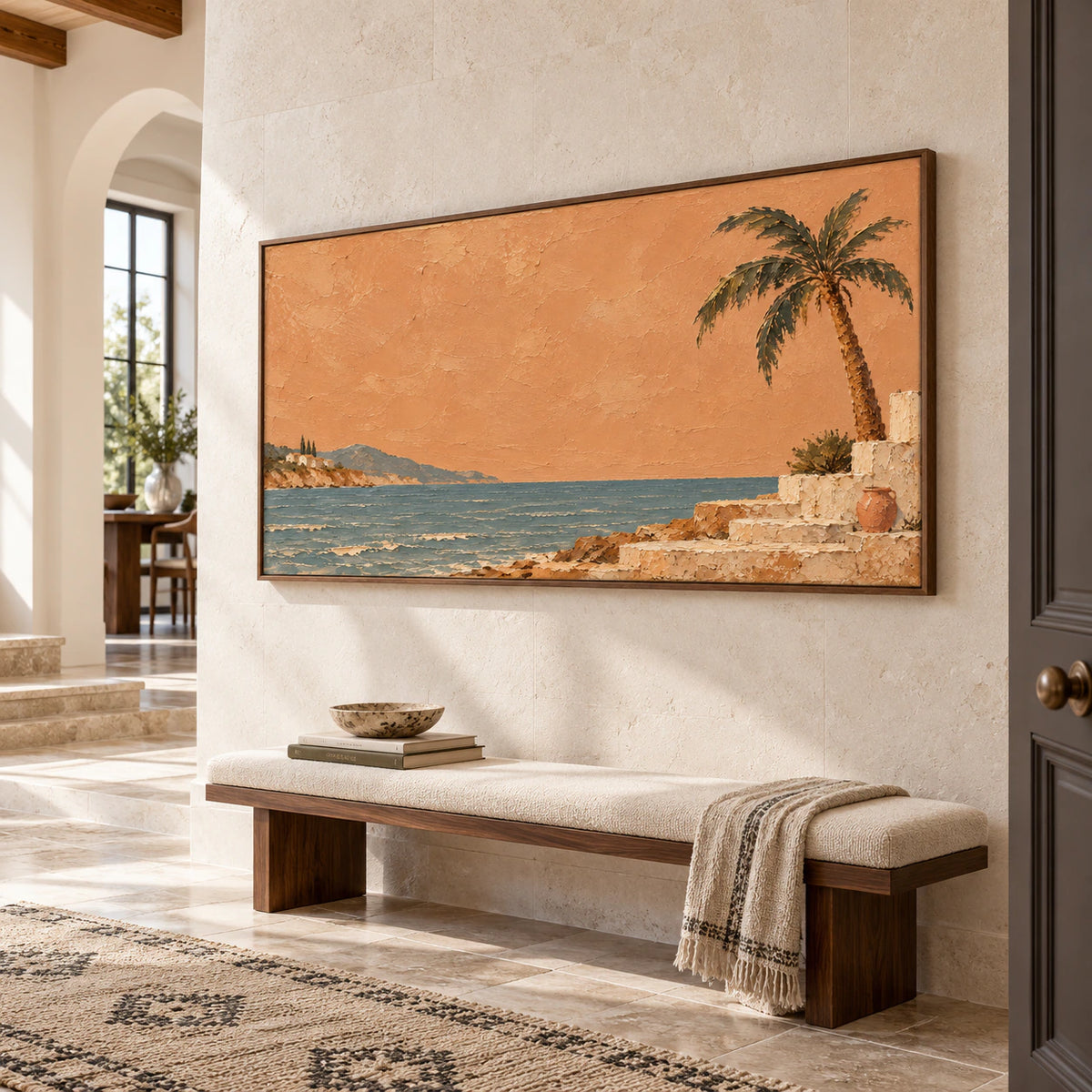 Copper-Littoral presented at gallery scale in a bright foyer with a tall pale stone wall, clean architectural lines, and a restrained bench.